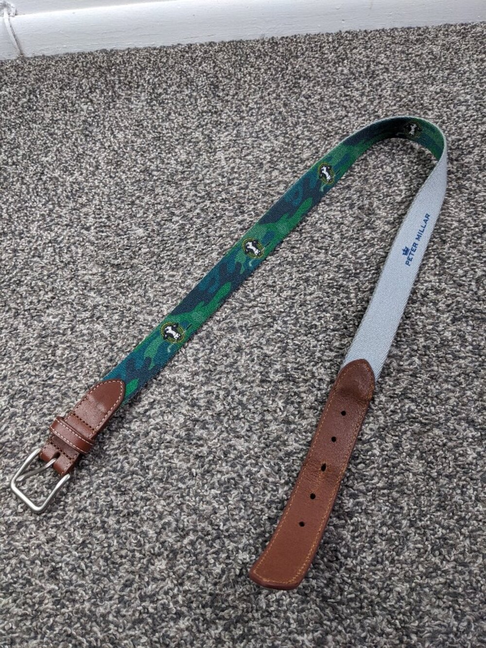 Stonewall Links Peter Millar Belt Leather Canvas Camo Logo Print Sz 36 USA Made